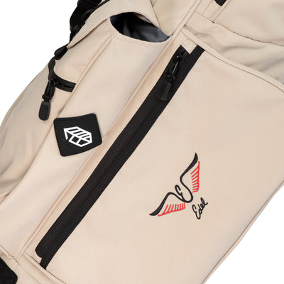 Edel Golf x Jones Stand Bag closeup on Edel script and wings logos
